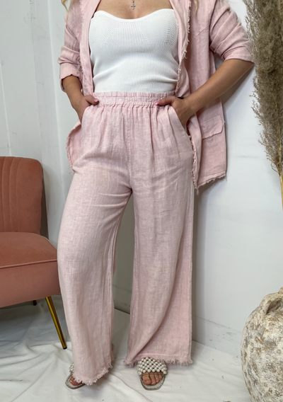 The Pink Door Linen Pants w/ Fray Trim - Pink
