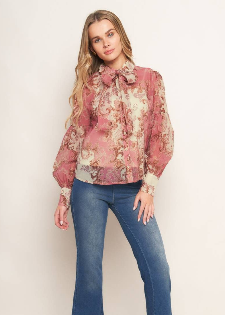 The Pink Door Filigree Print Bow Blouse Pink