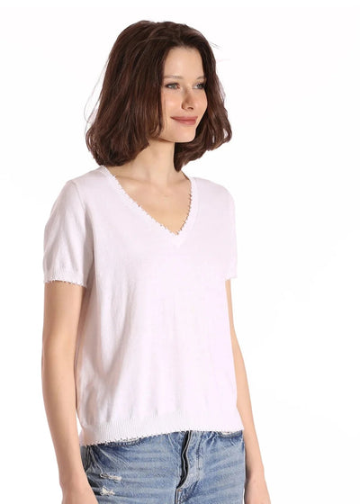 Minnie Rose Cotton Frayed V Tee White