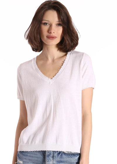 Minnie Rose Cotton Frayed V Tee White