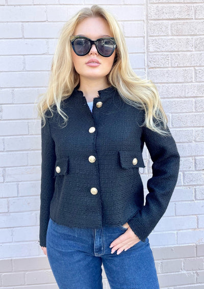Gold Button Tweed Jacket - Black 