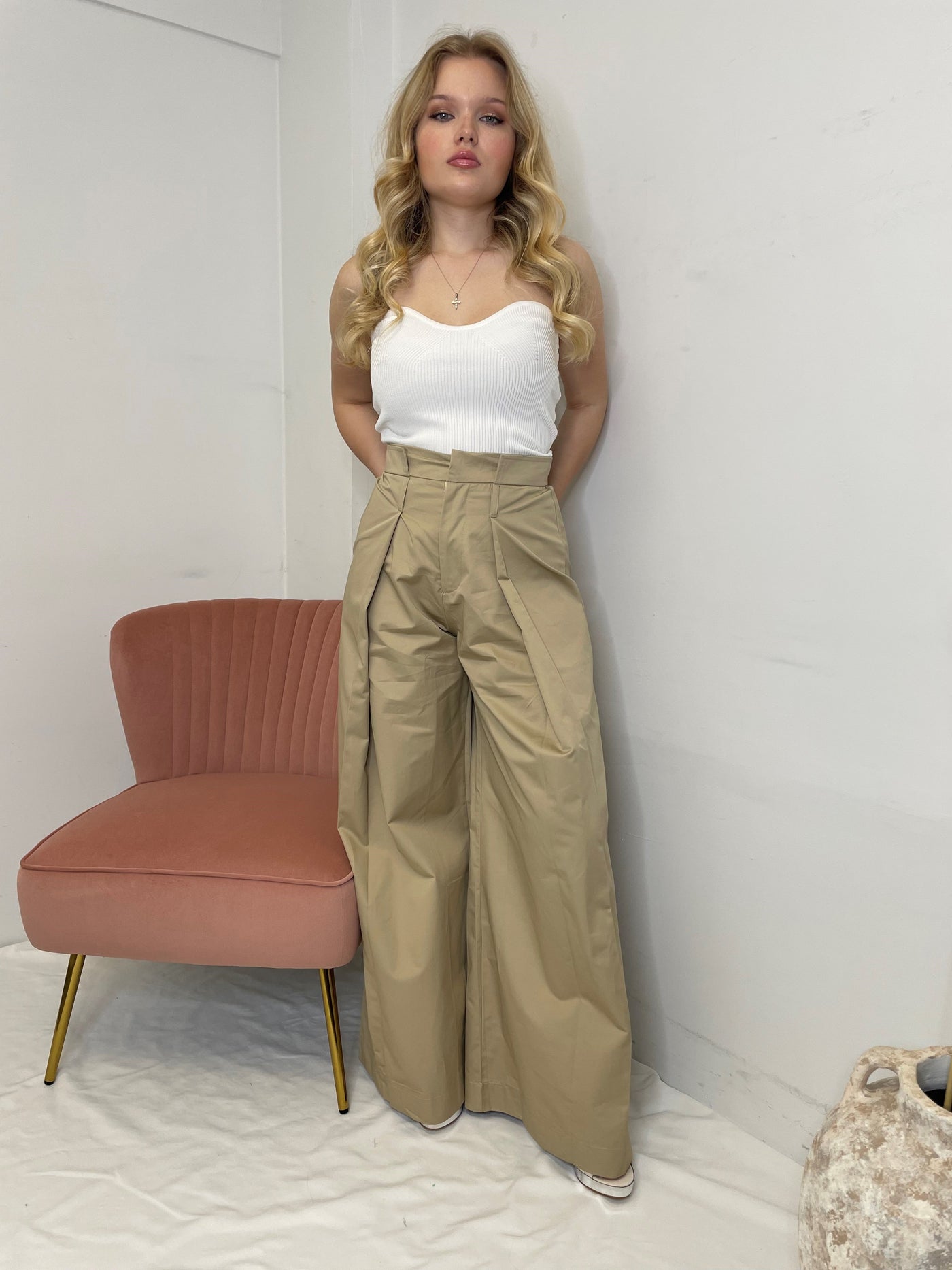 The Pink Door Wide Leg Pleated Trousers - Tan