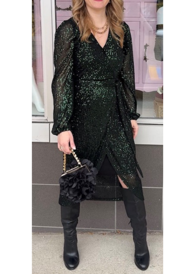 The Pink Door Sequin Wrap Dress Green