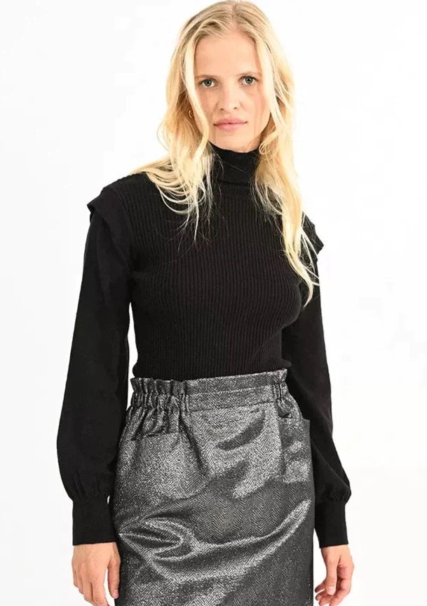 Molly Bracken High Collar Puff Sleeve Sweater - Black