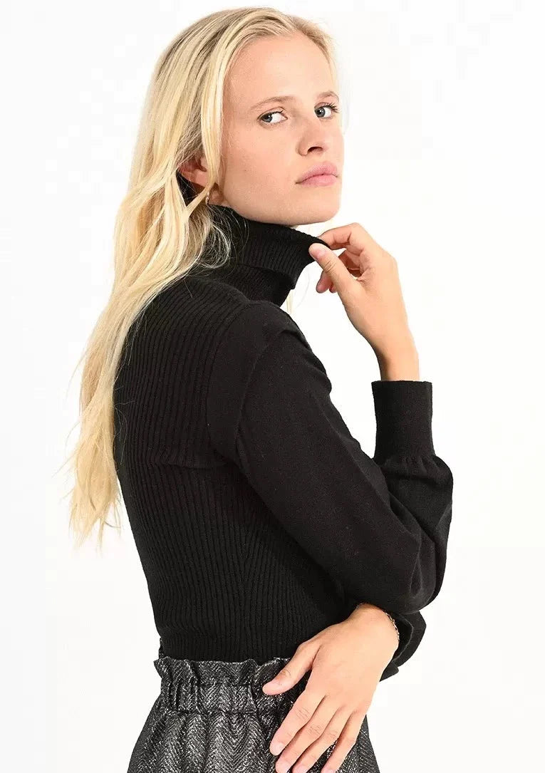 Molly Bracken High Collar Puff Sleeve Sweater - Black