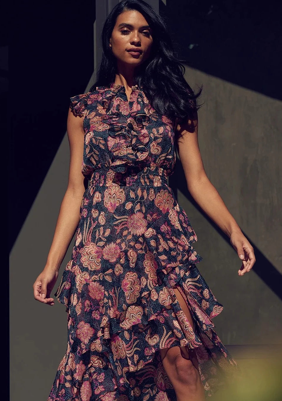 MISA Ilysa Cap Sleeve Asymmetrical Midi Dress - Flora Dot