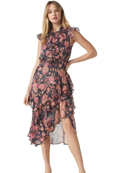 MISA Ilysa Cap Sleeve Asymmetrical Midi Dress - Flora Dot