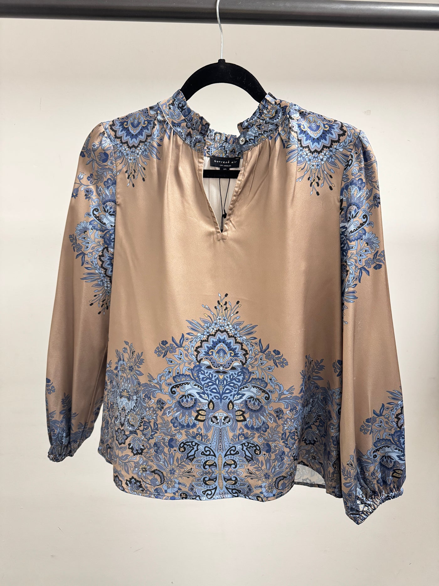 The Pink Door Taupe & Blue Paisley Print Blouse
