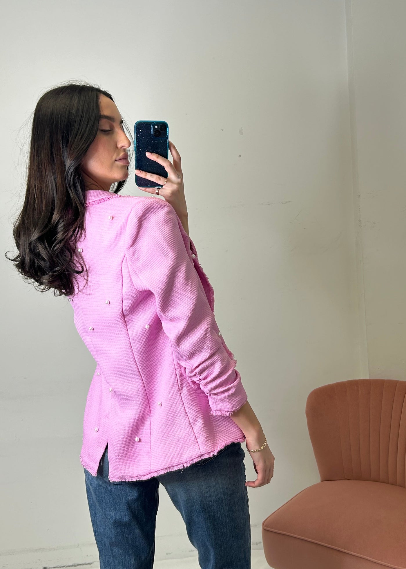 The Pink Door Pearl Embellished Blazer - Pink