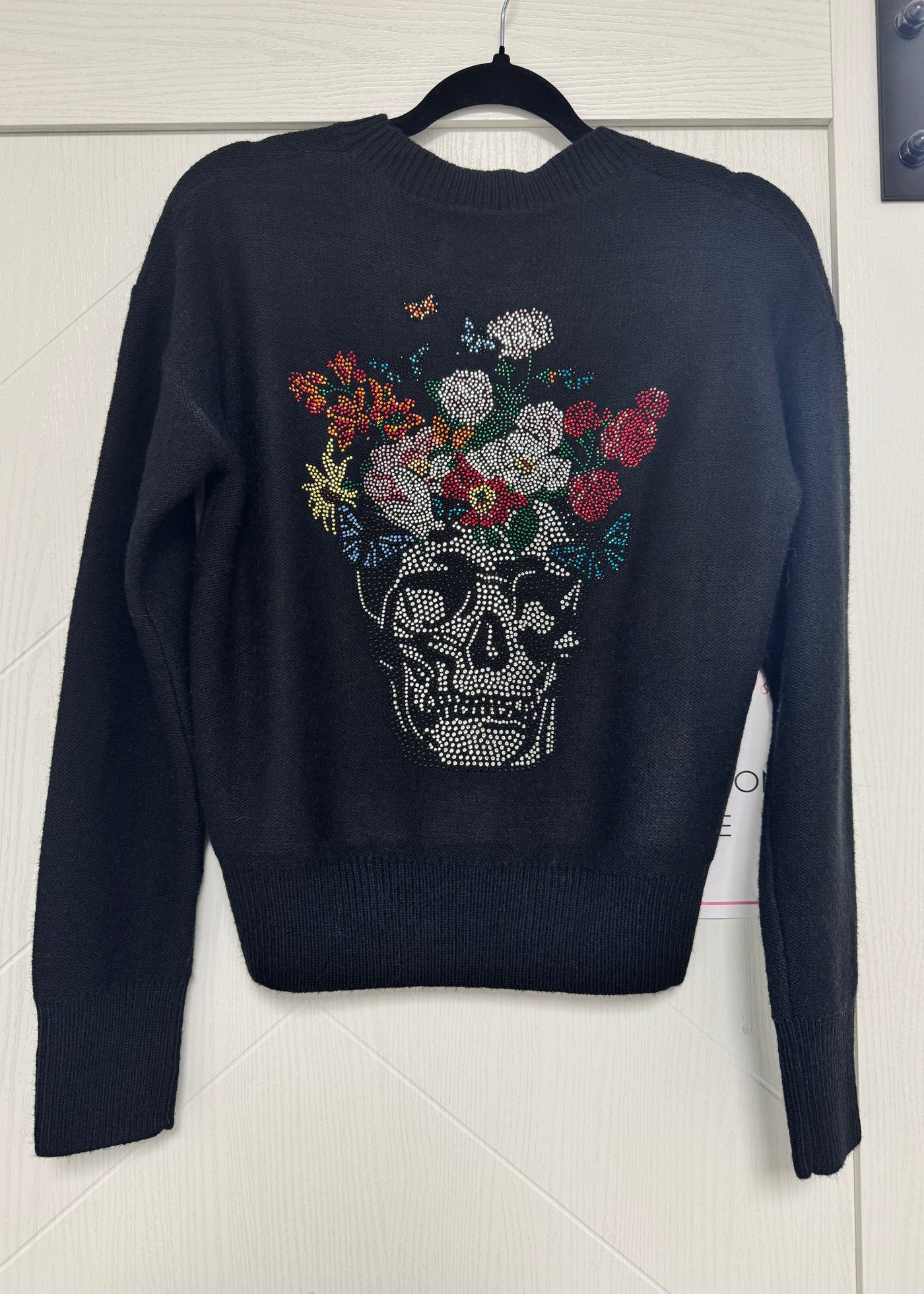 The Pink Door Sparkle Skull & Flowers Sweater Black