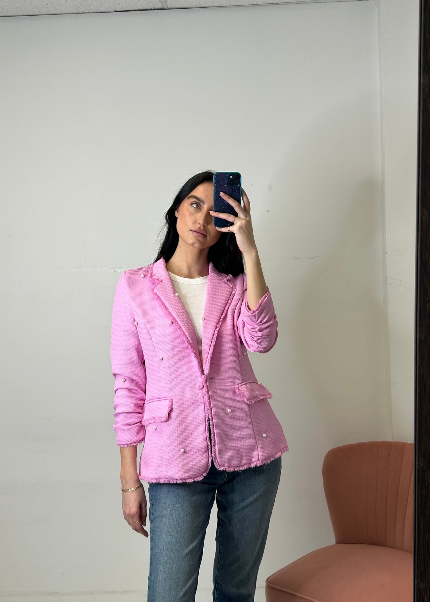 The Pink Door Pearl Embellished Blazer - Pink