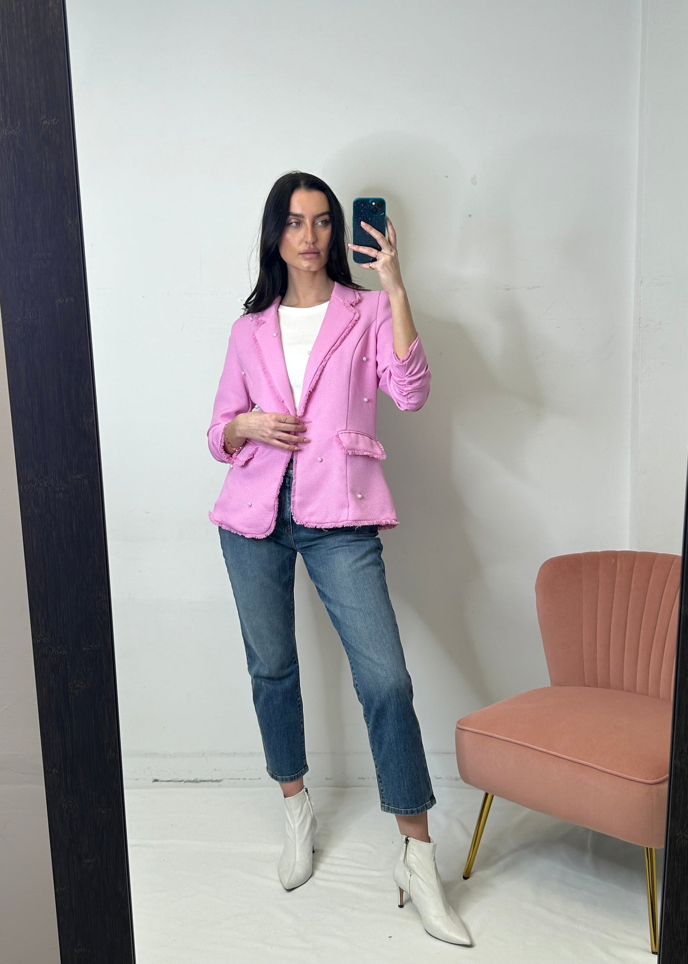 The Pink Door Pearl Embellished Blazer - Pink