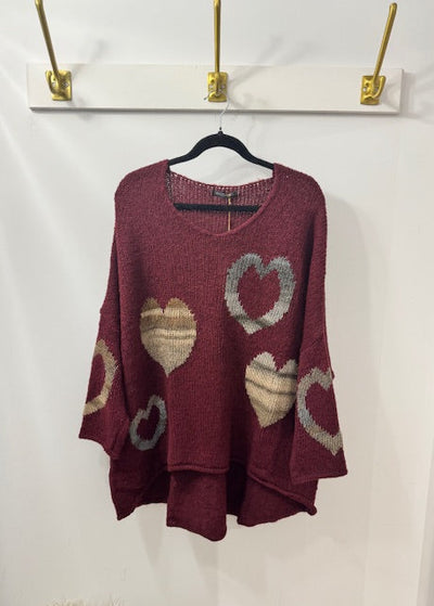 The Pink Door Multi Heart Sweater Wine