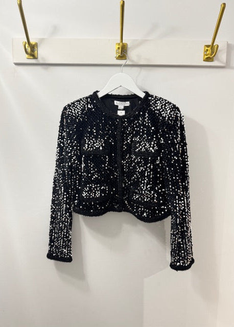 The Pink Door Sequin Jacket W/ Braid Trim Black