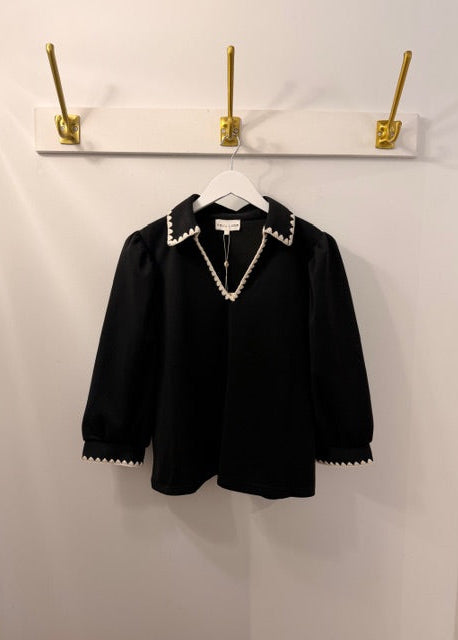 The Pink Door Ivory Whip Stitch Pouf Sleeve Top Black