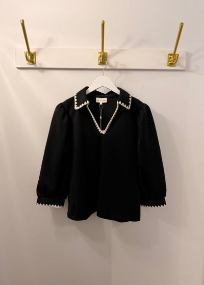 The Pink Door Ivory Whip Stitch Pouf Sleeve Top Black