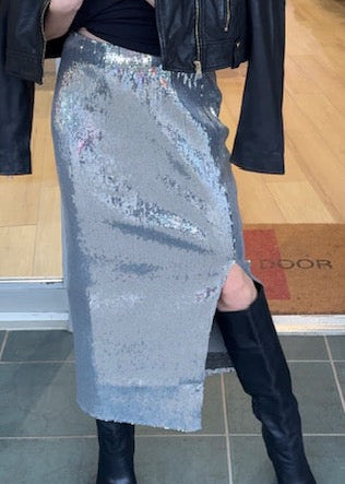 The Pink Door Long Sequin W/ Slit Skirt Silver