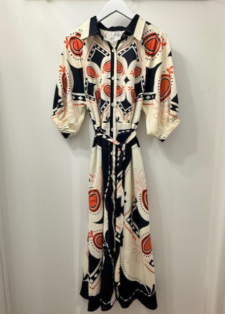 The Pink Door Navy/Orange Print Dress
