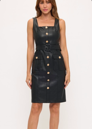 The Pink Door Faux Leather Dress w/ Gold Buttons Black