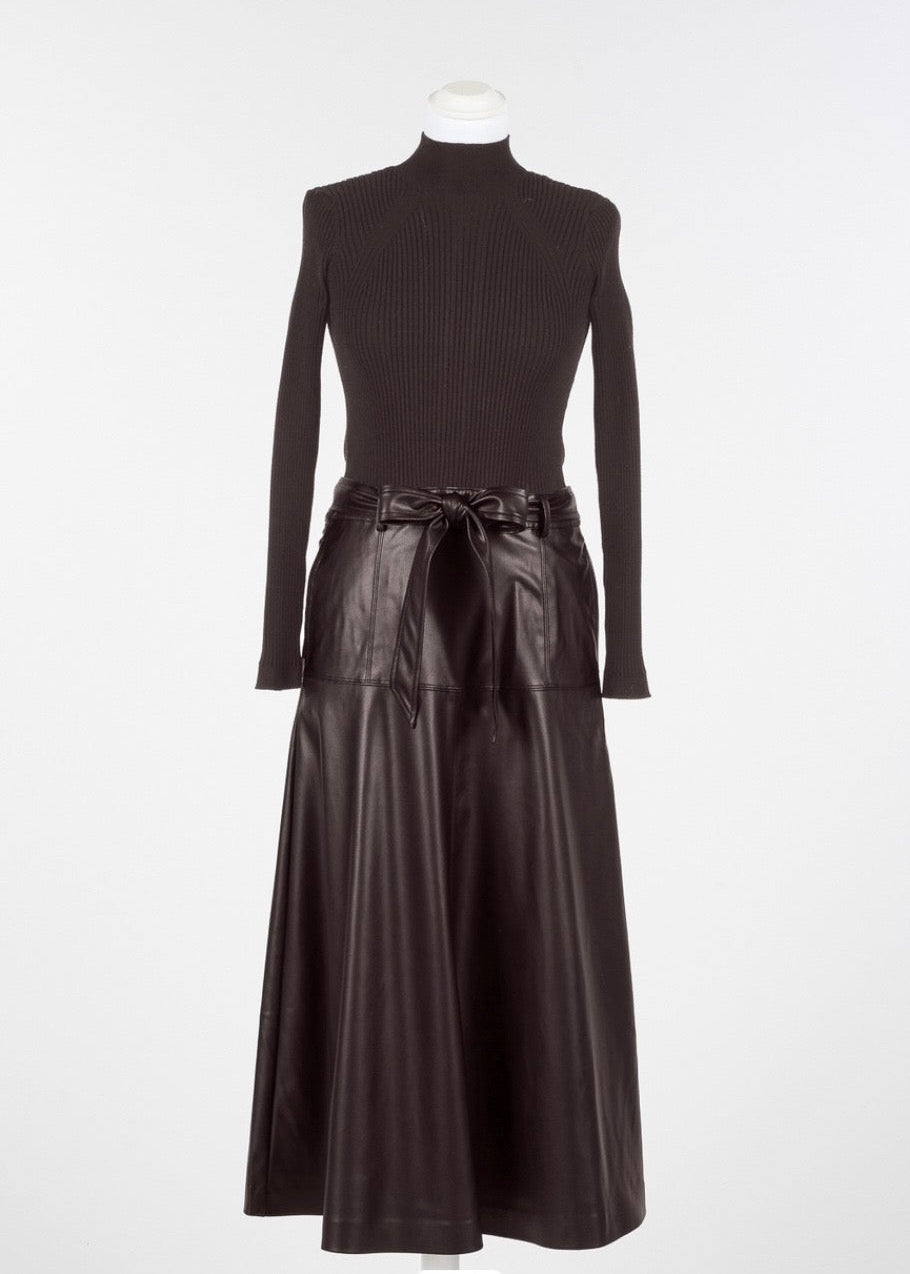 Twinset Faux Leather Rib Knit Dress Chocolate