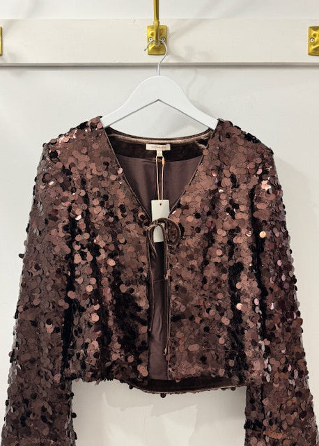 The Pink Door Sequin Tie Front Jacket Brown