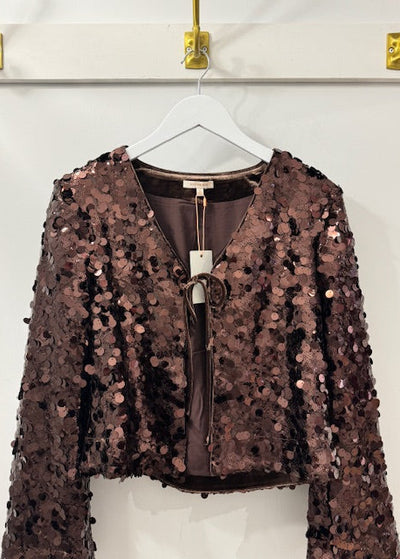 The Pink Door Sequin Tie Front Jacket Brown