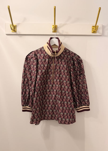 The Pink Door Floral Print Pouf Sleeve Athleisure Blouse wine