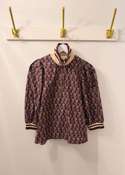 The Pink Door Floral Print Pouf Sleeve Athleisure Blouse wine