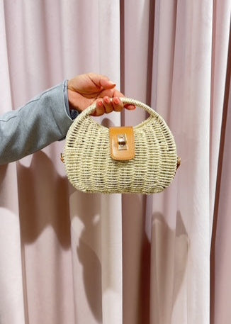 The Pink Door Mini Wicker Purse w/ Cross Body Strap Beige