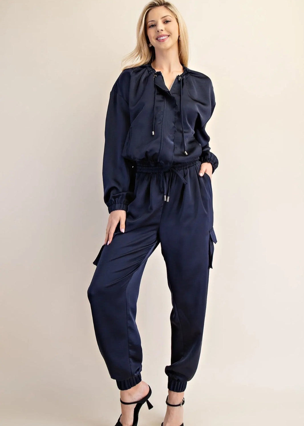 The Pink Door Satin Jogger Navy