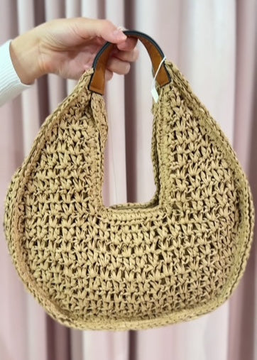 The Pink Door Rattan Bag w/ Faux Leather Natural/Brown
