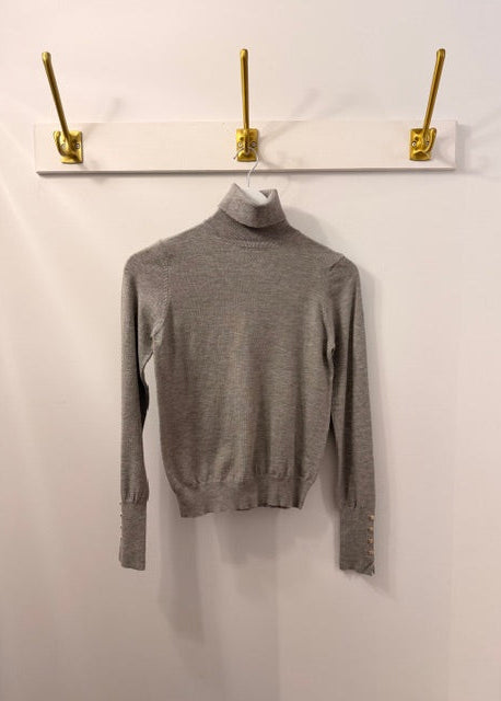 The Pink Door Fine Knit Turtleneck Sweater w/ Gold buttons Heather Grey