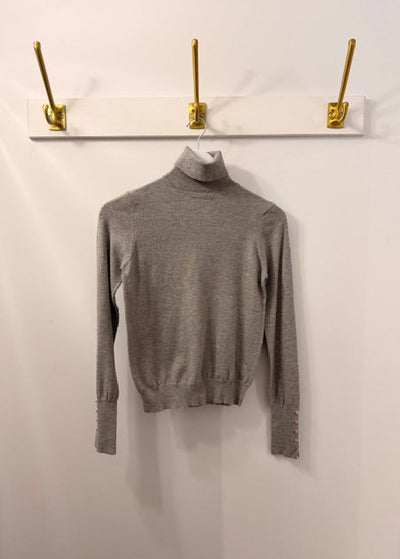 The Pink Door Fine Knit Turtleneck Sweater w/ Gold buttons Heather Grey
