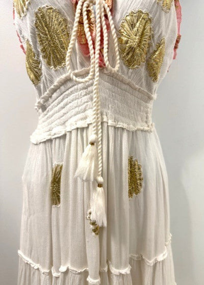 The Pink Door White Beach Dress w/ Gold & Pink Detail