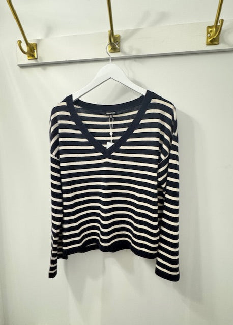 Minnie Rose Cashmere Striped Wide V-Neck Navy
