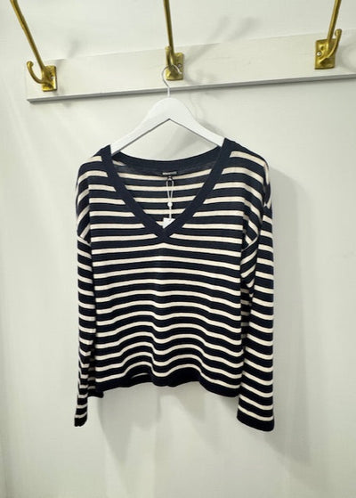 Minnie Rose Cashmere Striped Wide V-Neck Navy