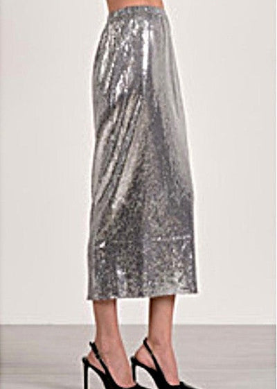 The Pink Door Long Sequin W/ Slit Skirt Silver