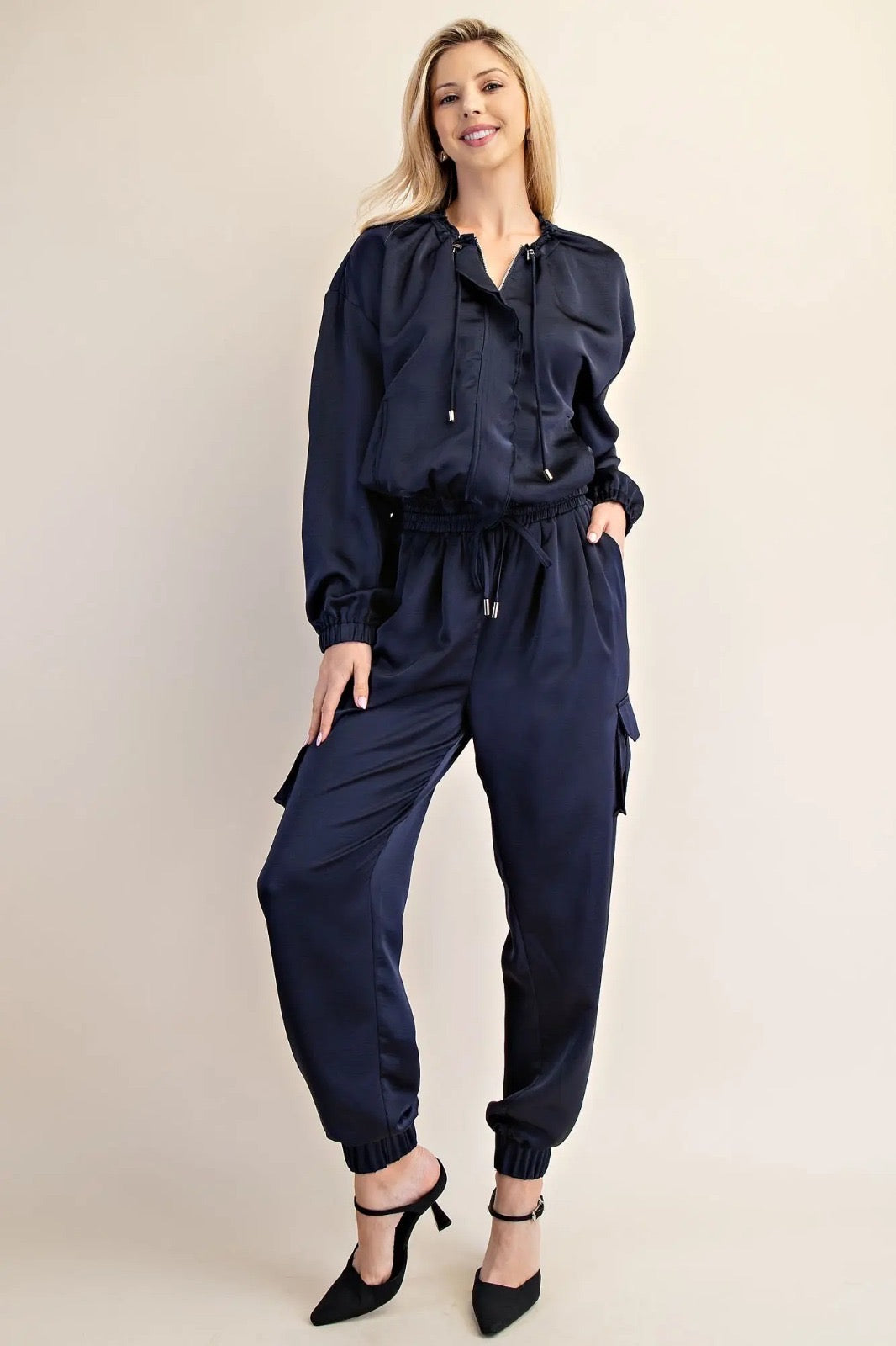 The Pink Door Ruffle Front Satin Bomber Navy