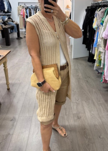 The Pink Door Cotton Long Crochet Vest Beige