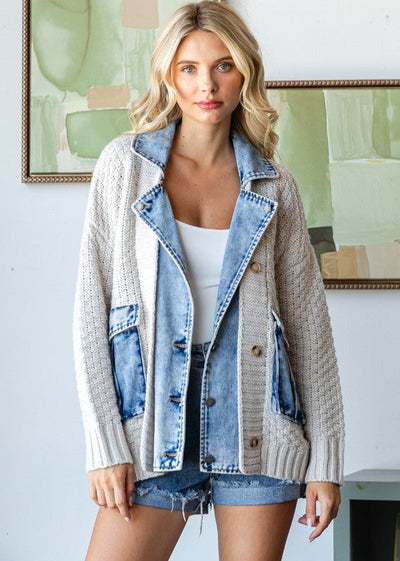 The Pink Door Cable Knit & Denim Mix Jacket Ivory