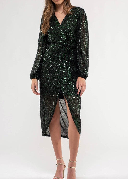 The Pink Door Sequin Wrap Dress Green