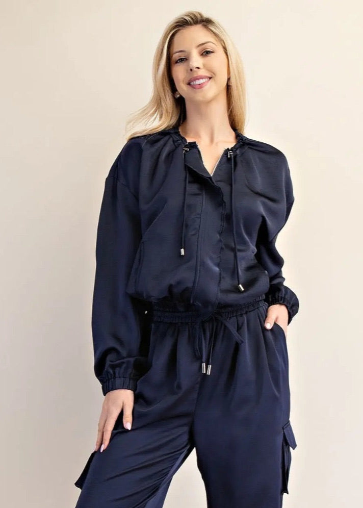 The Pink Door Ruffle Front Satin Bomber Navy