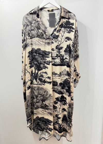 The Pink Door Toile Silky Shirt Dress Black