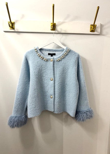 The Pink Door Knit Pearl Detailed Jacket Light Blue