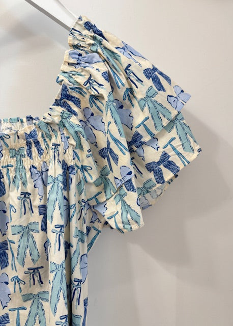 The Pink Door Bow Ruffle Blouse Blue