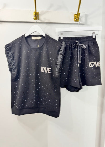 The Pink Door Rhinestone Sparkle Short Set Black