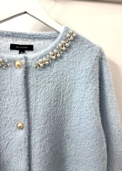 The Pink Door Knit Pearl Detailed Jacket Light Blue