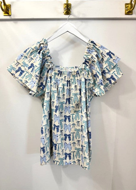 The Pink Door Bow Ruffle Blouse Blue