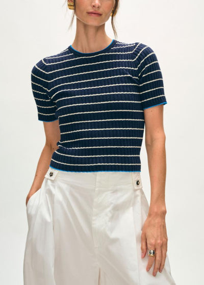 White + Warren Organic Cotton Terry Blend T-Shirt Navy/Cream