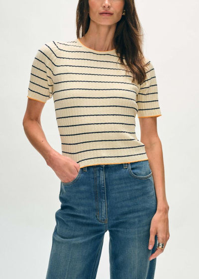 White + Warren Organic Cotton Terry Blend T-Shirt Cream/Navy